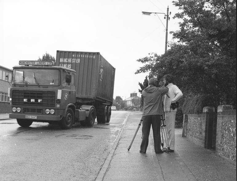 Photograph. Filming at HP Smedleys, Norwich Road (North Walsham Archive).